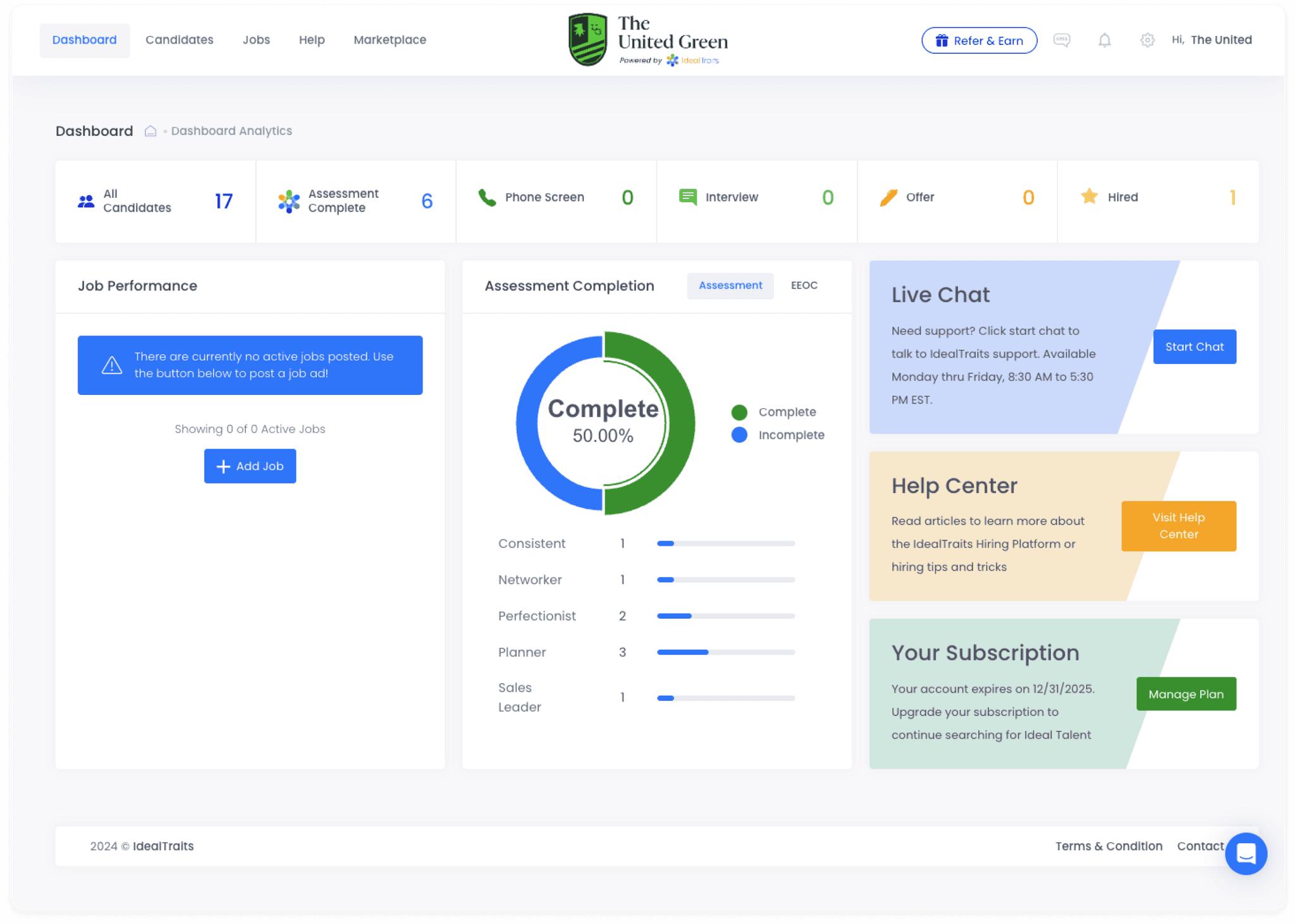The United Green dashboard displaying the various features such as available jobs, assessment completions, and chat